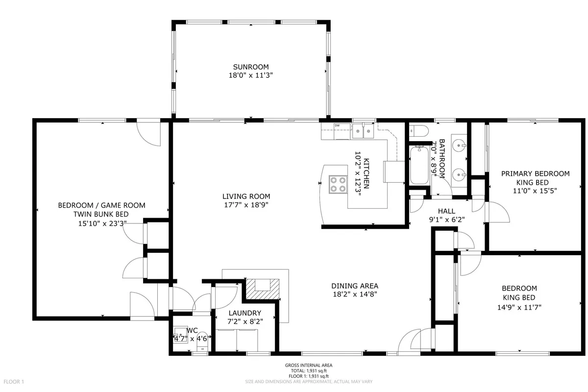 This image offers a broader perspective of the sunroom, living room, dining area, primary bedroom, and game room, with the sunroom visibly inviting morning light. The arrangement promotes family togetherness, quiet relaxation, and engaging activities like game nights—key elements noted in the section's content.